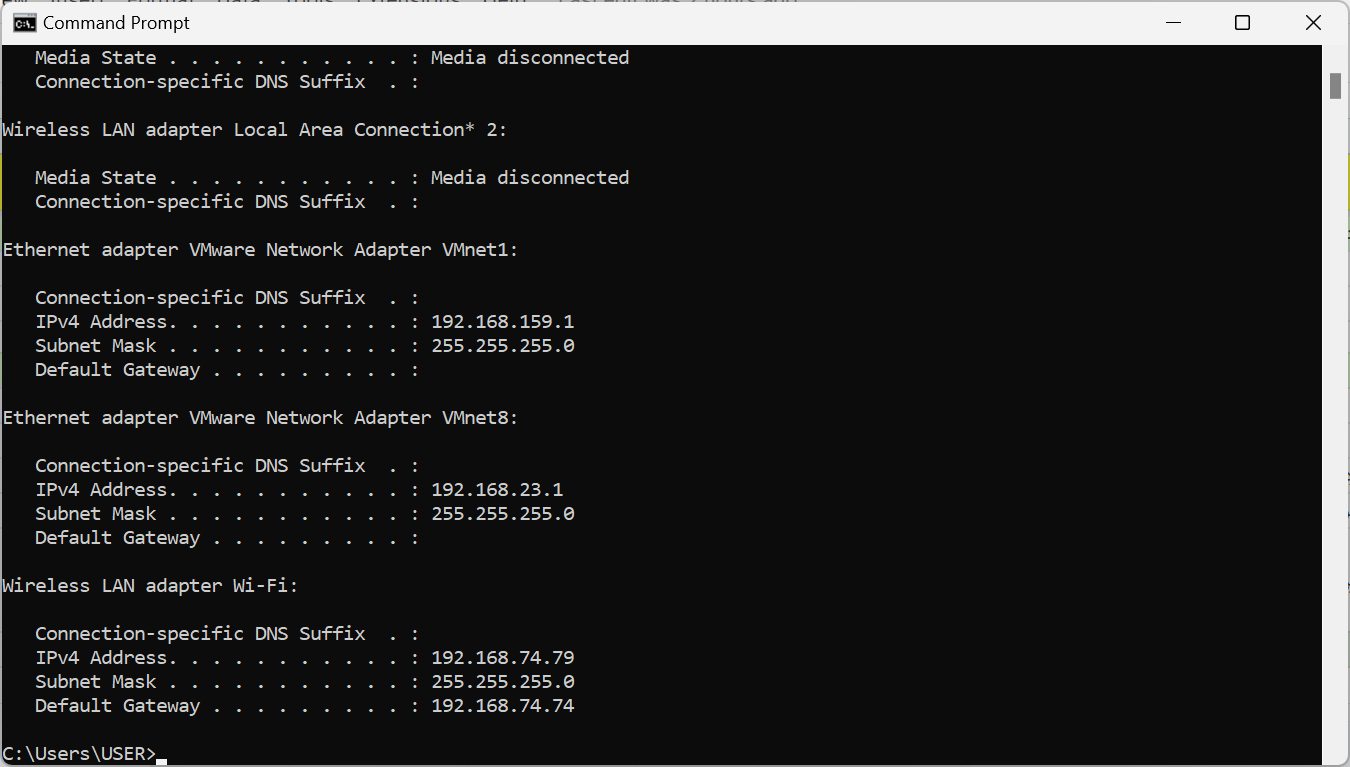 اجرا دستور ipconfig در cmd