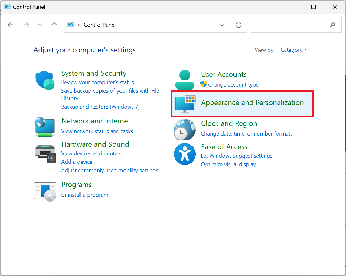 انتخاب Appearance and Personalization در Control Panel انتخاب Appearance and Personalization در Control Panel
