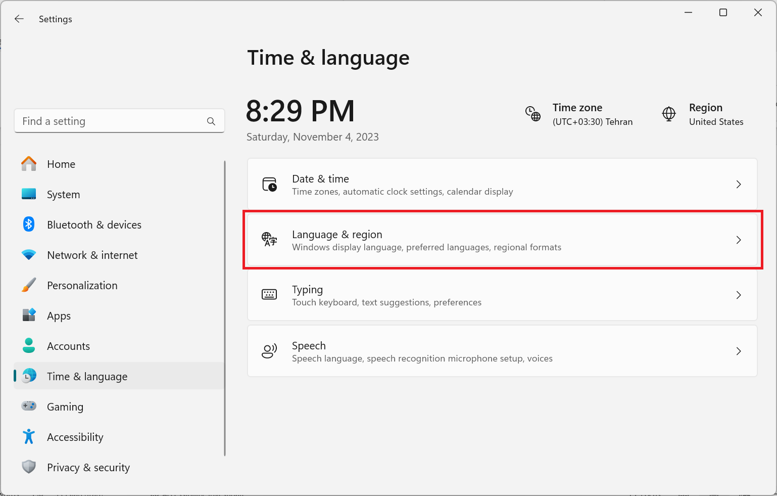 انتخاب Language &#۰۳۸; region در Settings ویندوز