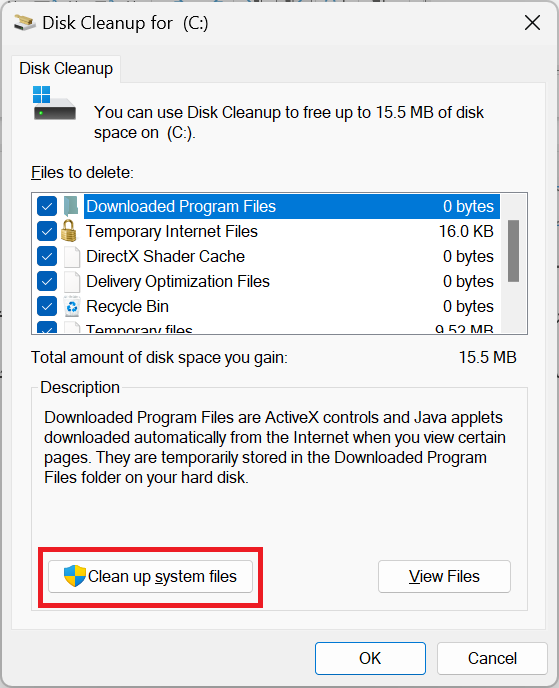 انتخاب clean up system files در Disk Clean Up انتخاب clean up system files در Disk Clean Up