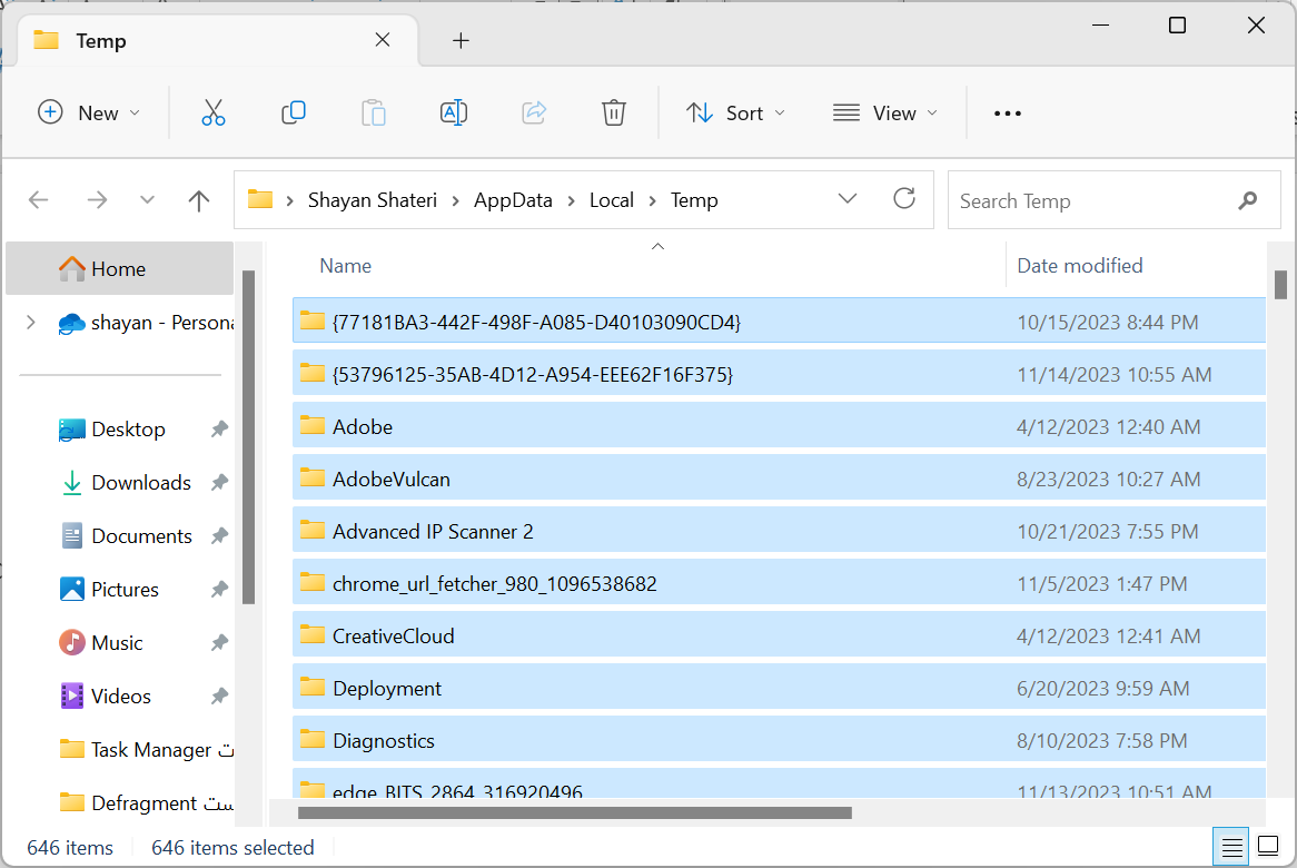 باز شدن پنجره temp برای حذف فایل های temp باز شدن پنجره temp برای حذف فایل های temp