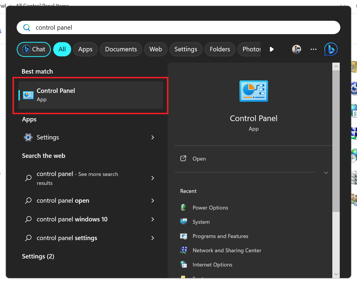 باز کردن Control Panel در سرچ ویندوز باز کردن Control Panel در سرچ ویندوز