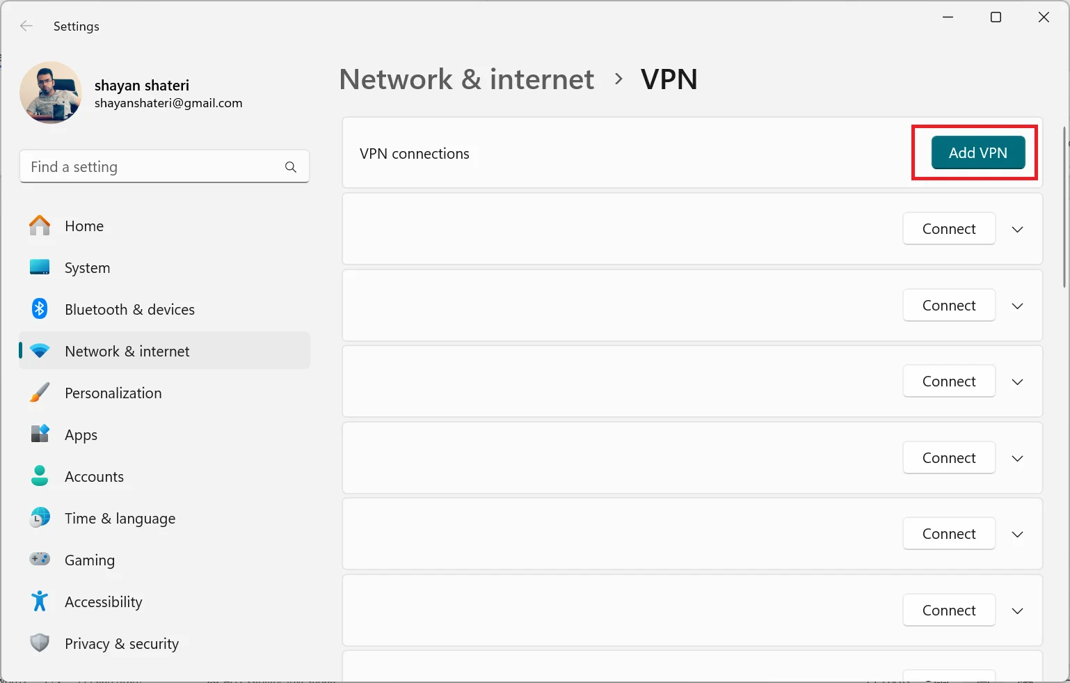 پنجره VPN Settings برای ساخت وی پی ان