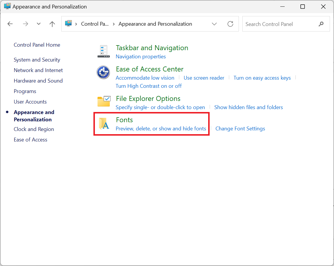 کلیک بر روی Fonts برای نصب فونت