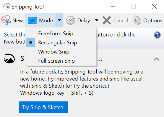 انتخاب Rectangular mode در نرم افزار Snipping tool برای اسکرین شات گرفتن قسمتی از ویندوز 10