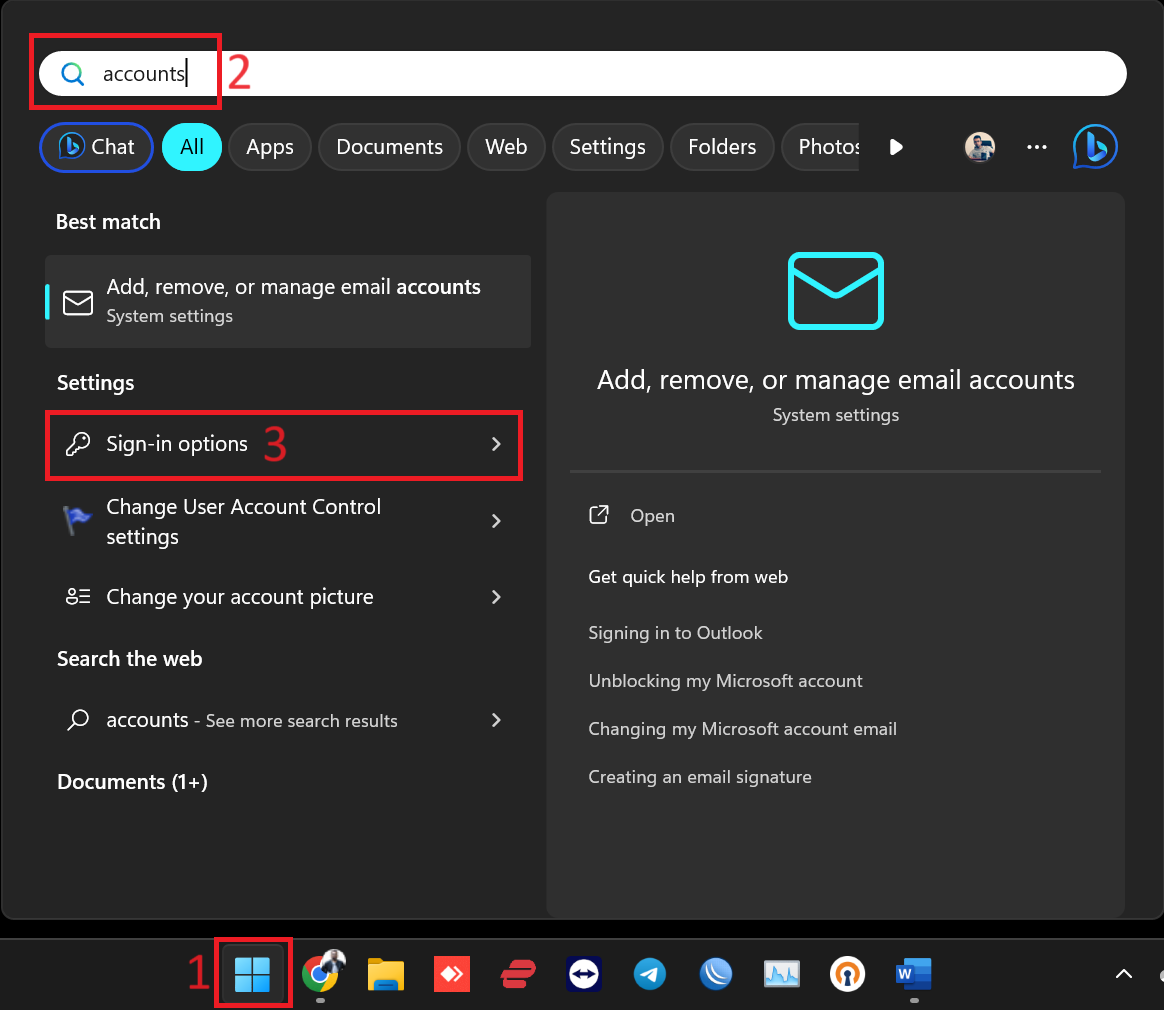 ۱- باز کردن قسمت accounts برای چگونگی رمز گذاشتن در ویندوز ۱۱ باز کردن قسمت accounts برای چگونگی رمز گذاشتن در ویندوز 11