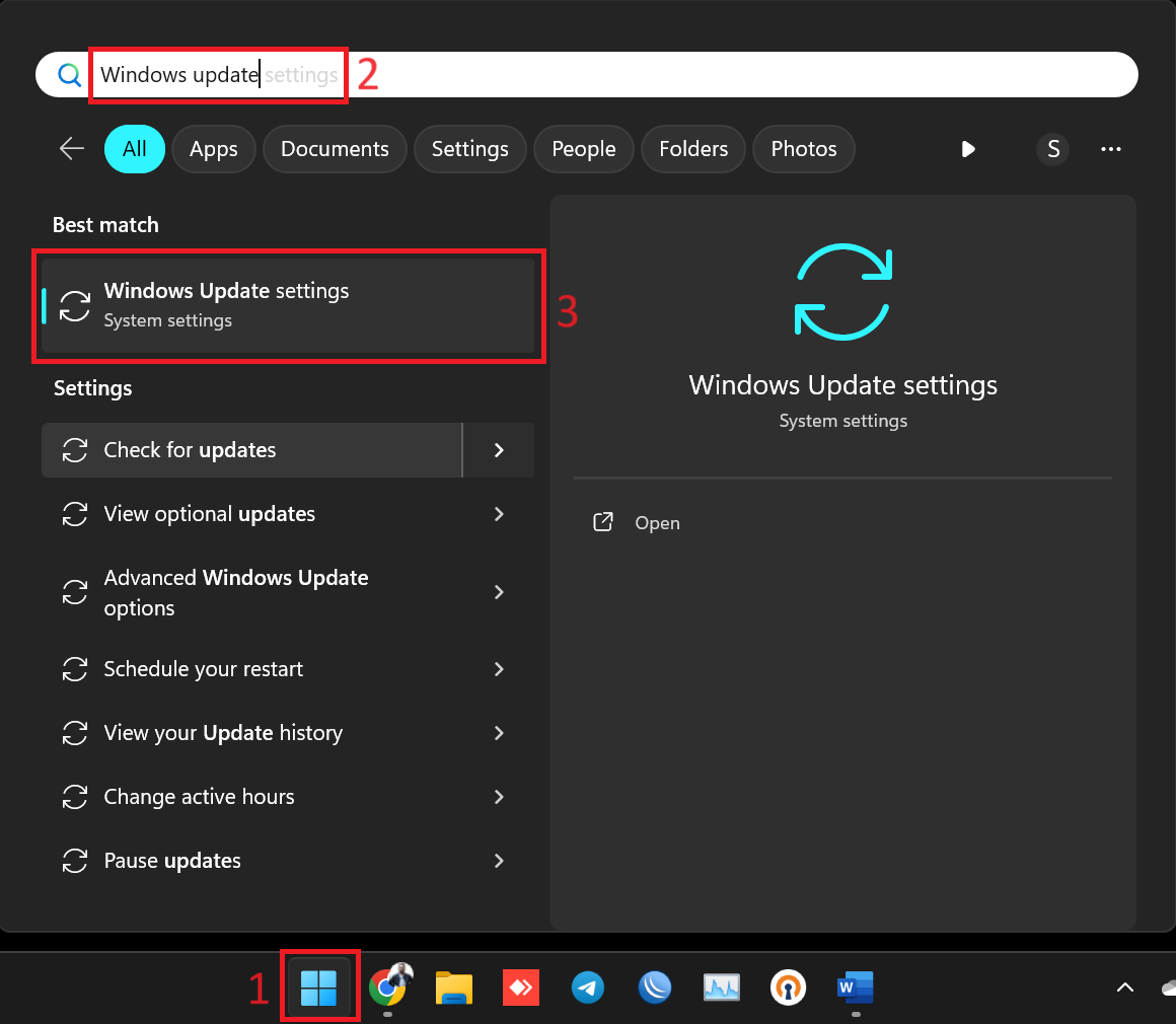 جستجو قسمت Windows update برای اپدیت کردن ویندوز 11