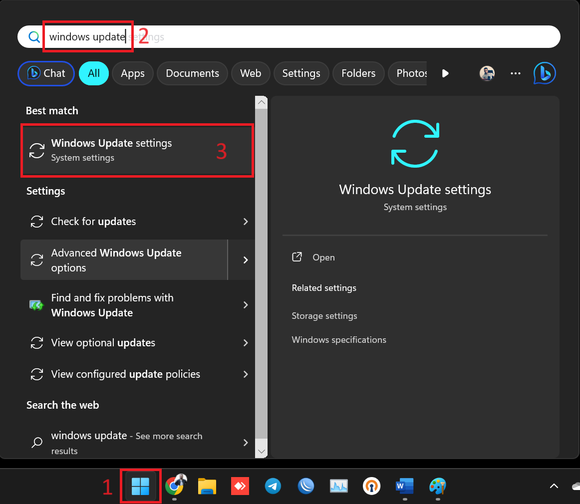 ۱-سرچ Windows update در سرچ ویندوز برای ورود به تنظیمات آپدیت ویندوز ۱۱ سرچ Windows update در سرچ ویندوز برای ورود به تنظیمات آپدیت ویندوز 11