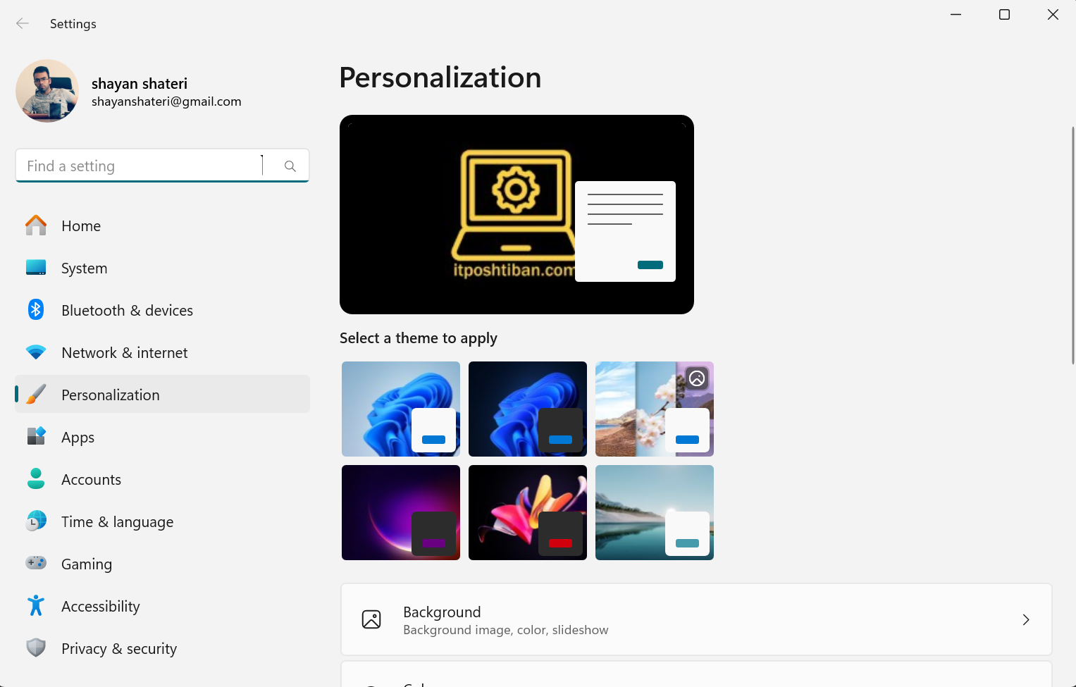 قسمت Personalize تنظیمات ویندوز 11 برای اضافه کردن مای کامپیوتر به دسکتاپ