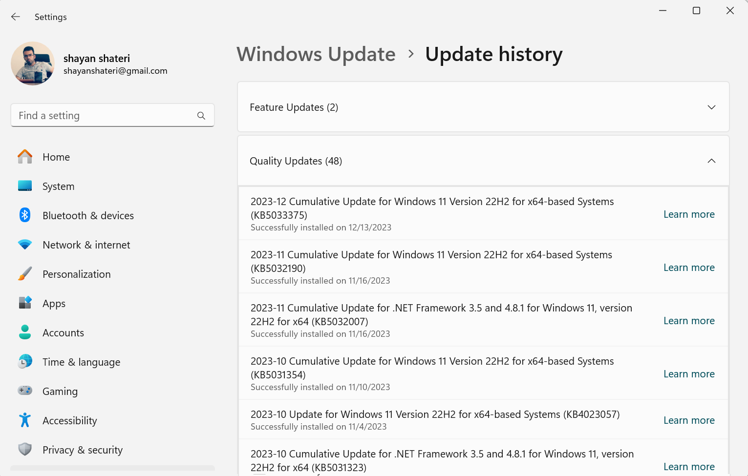 لیست آپدیت های قسمت Quality Updates در update history تنظیمات آپدیت ویندوز 11