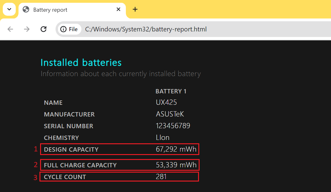 ۷- قسمت Installed batteries در فایل گزارش سلامت باتری در ویندوز ۱۱