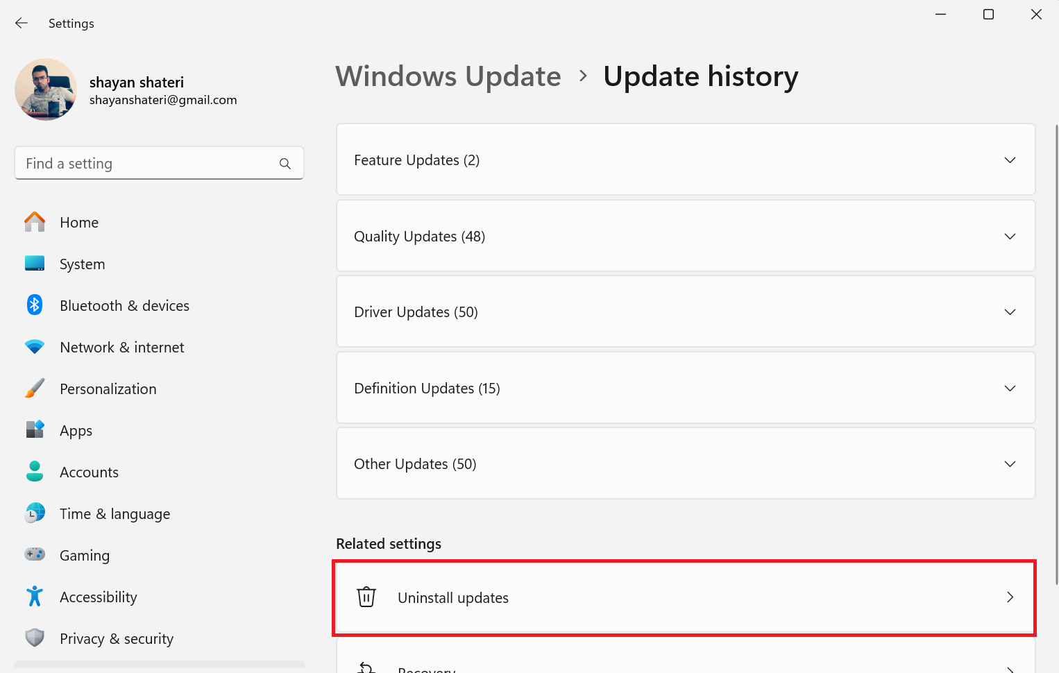 ۷- کلیک بر روی گزینه Uninstall updates برای حذف آپدیت مشکل زا کلیک بر روی گزینه Uninstall updates برای حذف آپدیت های مشکل زا