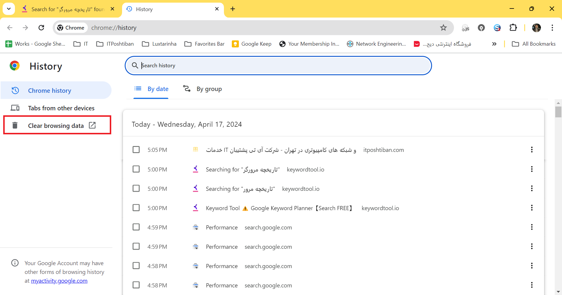 کلیک بر روی قسمت Clear browsing data