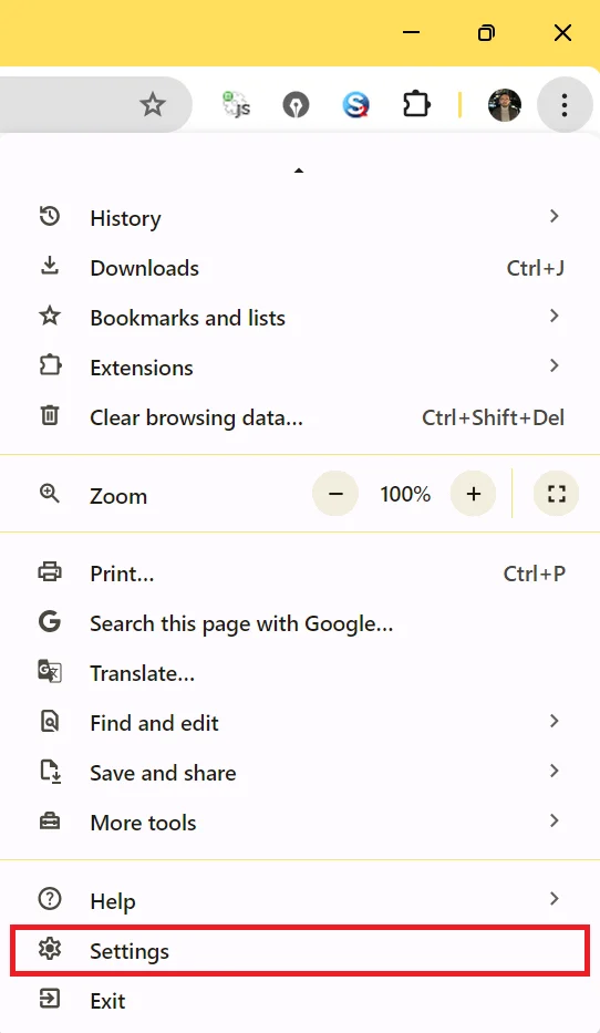 کلیک بر روی گزینه Settings گوگل کروم