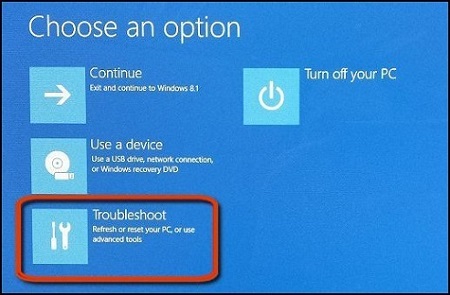 گزینه Troubleshoot در پنجره Choose an option