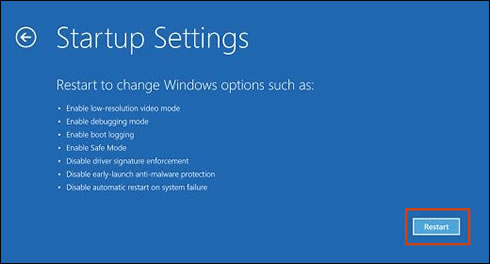 انتخاب Restart در پنجره Startup Settings