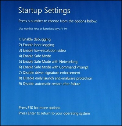 انتخاب Safe Mode در پنجره Startup Settings