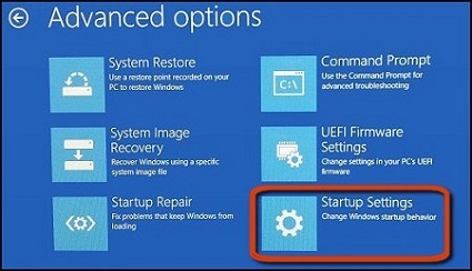 انتخاب Startup Settings در پنجره Advanced options