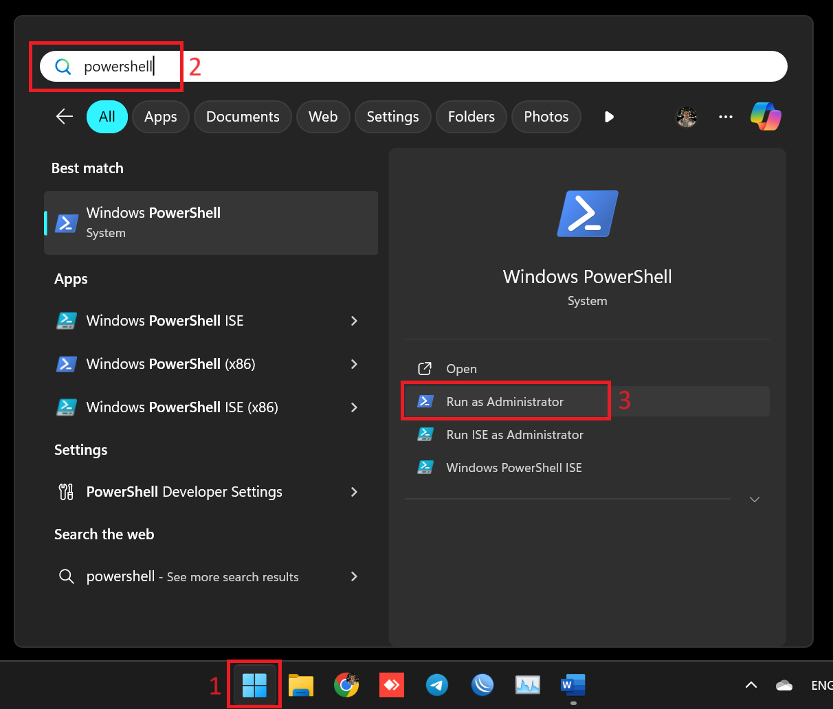 باز کردن powershell ویندوز از طریق سرچ در منوی Start
