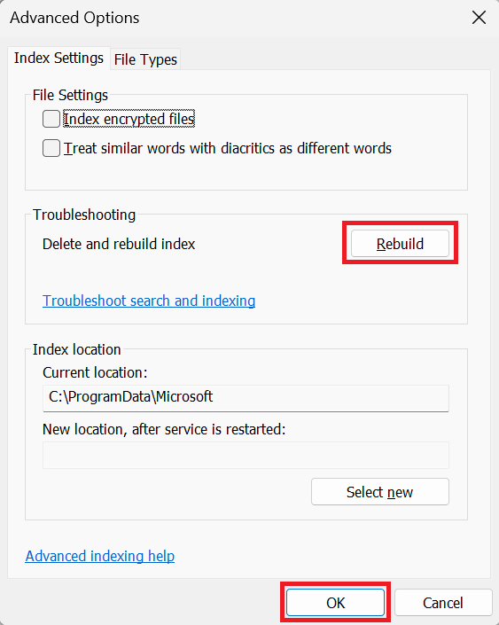 کلیک بر روی Rebuild در پنجره Advanced Option قسمت Indexing Options کلیک بر روی Rebuild در پنجره Advanced Option قسمت Indexing Options