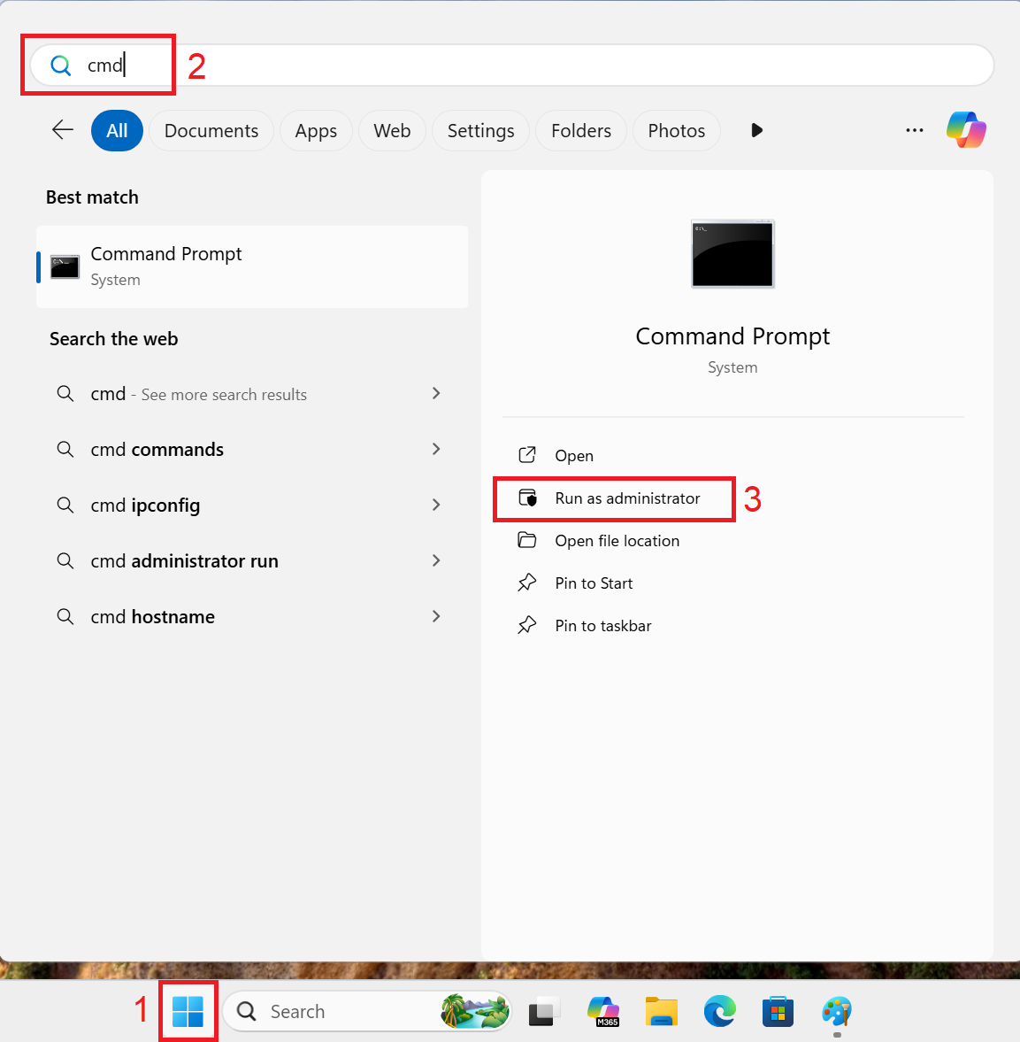 1-باز کردن منوی استارت و جستجوی cmd برای فعال سازی ویندوز 11 1-باز کردن منوی استارت و جستجوی cmd برای فعال سازی ویندوز 11