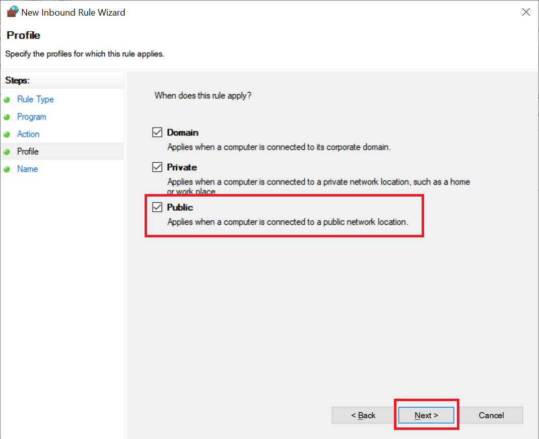 انتخاب گزینه Public در پنجره New Inbound Rule Wizard