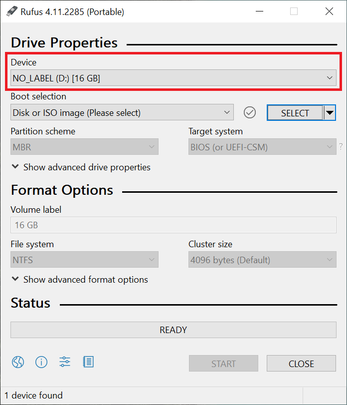 14- باز شدن نرم افزار Rufus و کلیک بر روی Device برای انتخاب فلش که میخواهیم بوت شود 14- باز شدن نرم افزار Rufus و کلیک بر روی Device برای انتخاب فلش که میخواهیم بوت شود