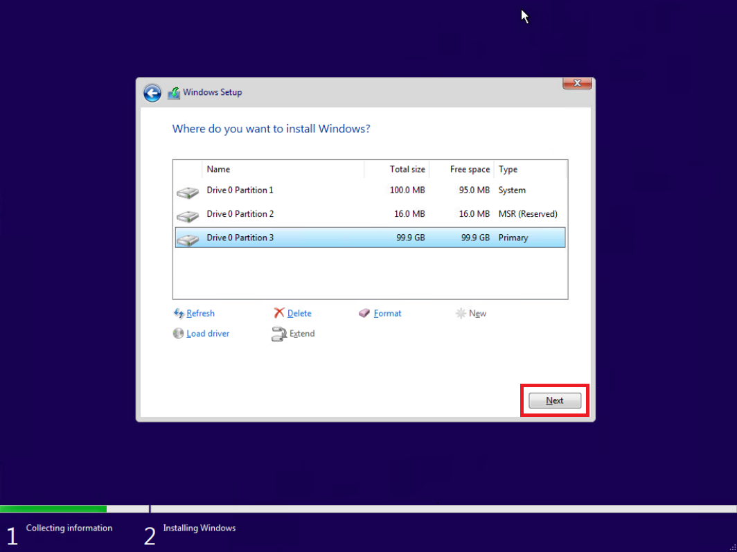 14- ساخته شدن پارتیشن های مورد نظر برای نصب ویندوز 10 14- ساخته شدن پارتیشن های مورد نظر برای نصب ویندوز 10