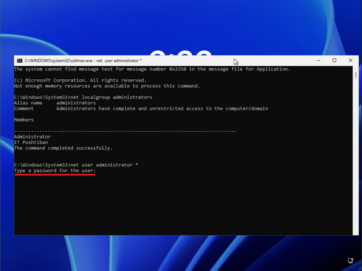 وارد کردن رمز عبور برای نام کاربری که میخواهیم پسوردش را تغییر دهیم