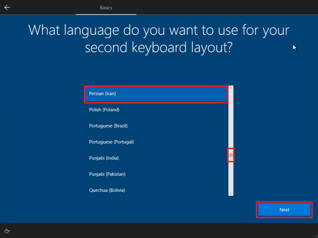 22- اسکرول کردن به سمت پایین و انتخاب زبان فارسی برای ورودی دوم کیبورد ویندوز 10 22- اسکرول کردن به سمت پایین و انتخاب زبان فارسی برای ورودی دوم کیبورد ویندوز 10