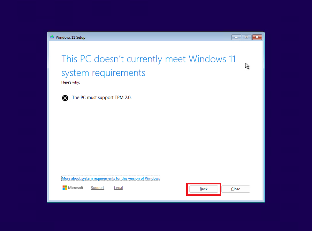 22- کلیک بر روی Back در پنجره ارور TPM 2