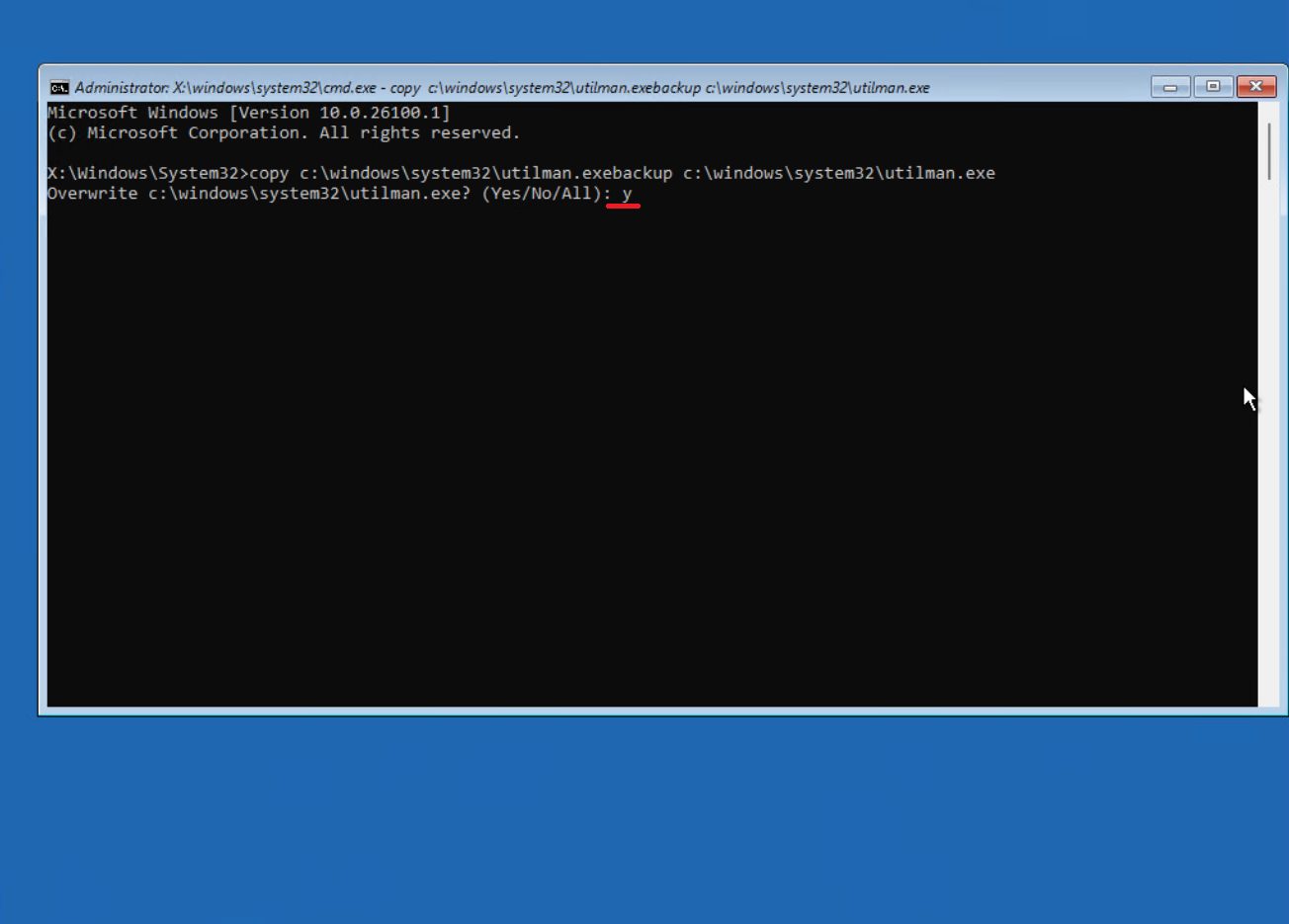 تایپ Y به معنی تایید در محیط Command Prompt
