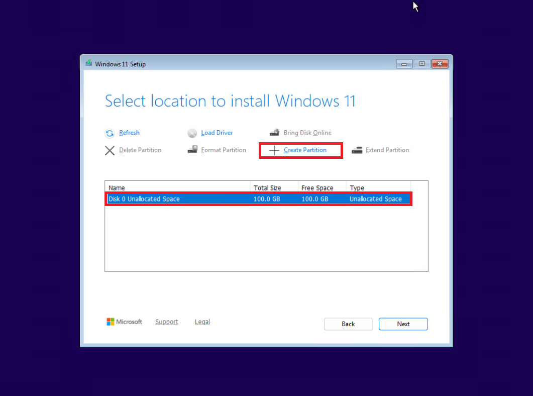 25- پنجره انتخاب دیسک و پارتیشن نصب ویندوز 11 25- پنجره انتخاب دیسک و پارتیشن نصب ویندوز 11