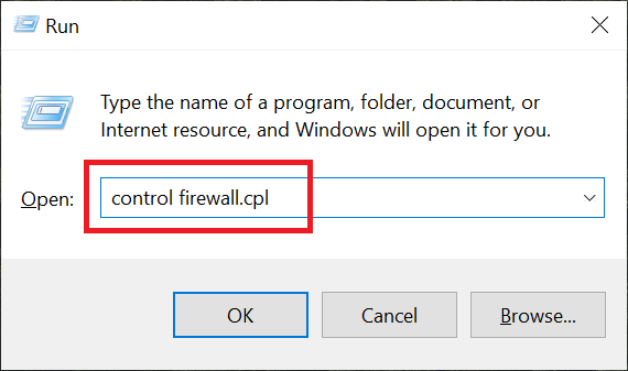 باز کردن منوی run و تایپ control firewall.cpl در آن