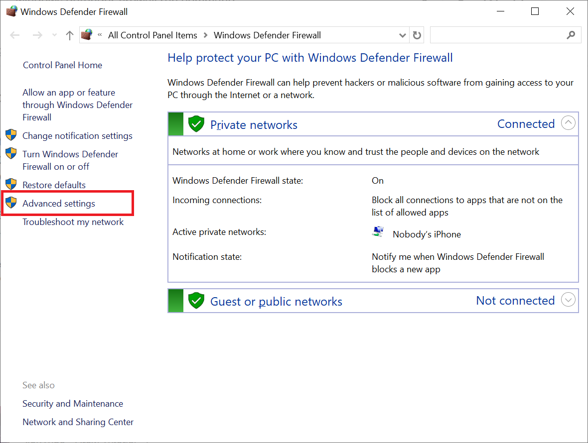 باز شدن پنجره Windows Defender Firewall و انتخاب Advanced settings