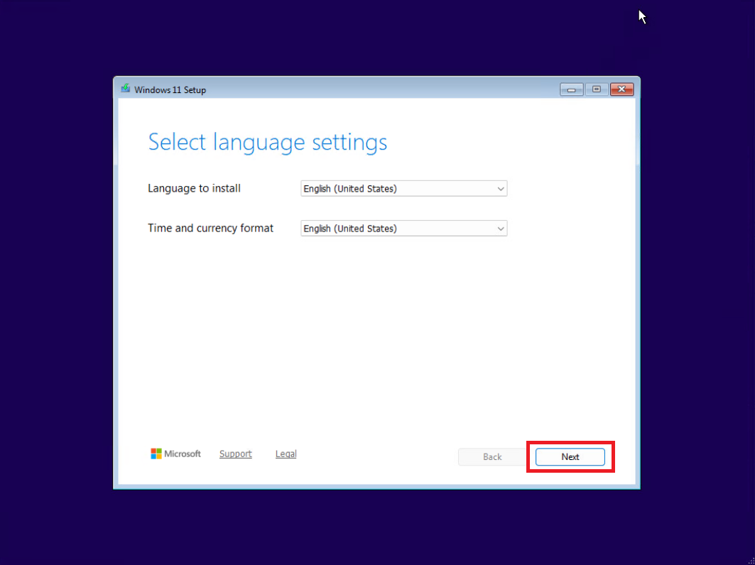 5- مرحله انتخاب زبان ویندوز 11 و انتخاب Next 5- مرحله انتخاب زبان ویندوز 11 و انتخاب Next