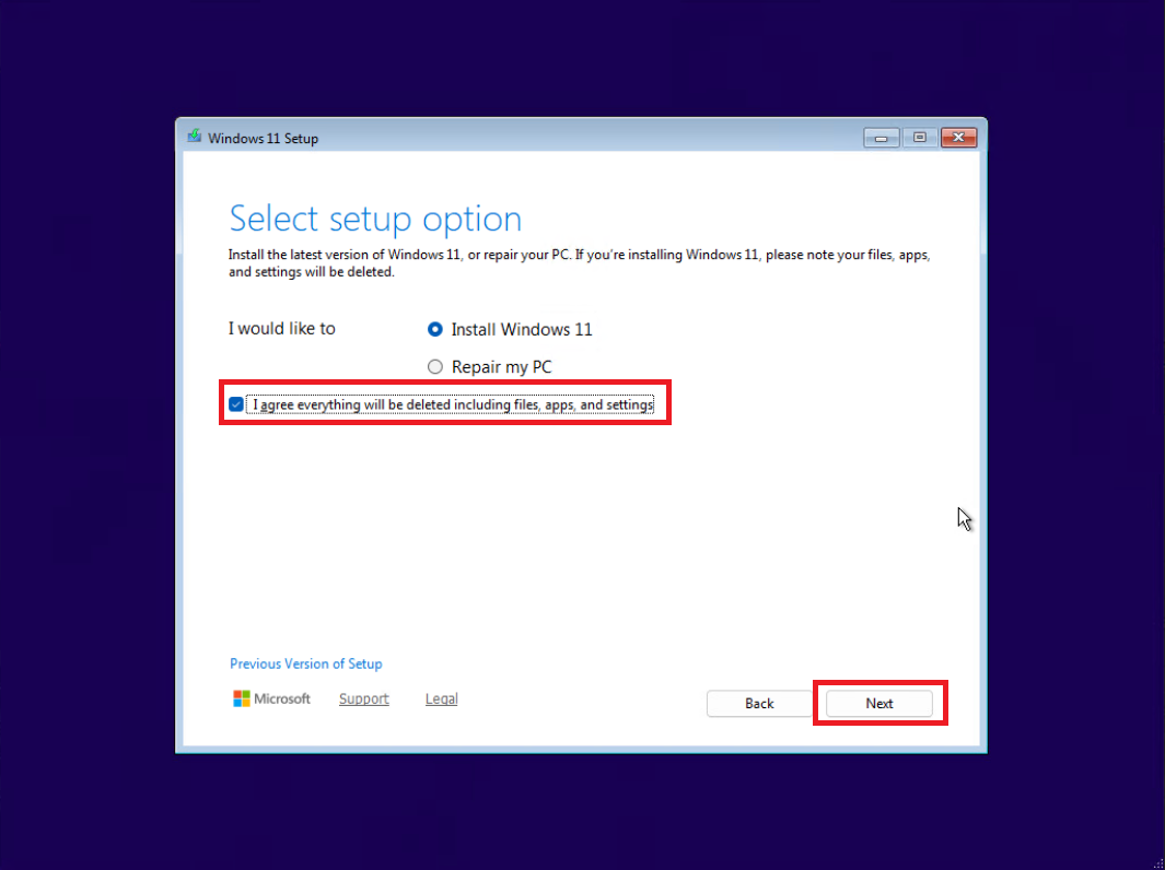 7- مرحله تایید حذف همه اطلاعات فعلی برای نصب ویندوز 11