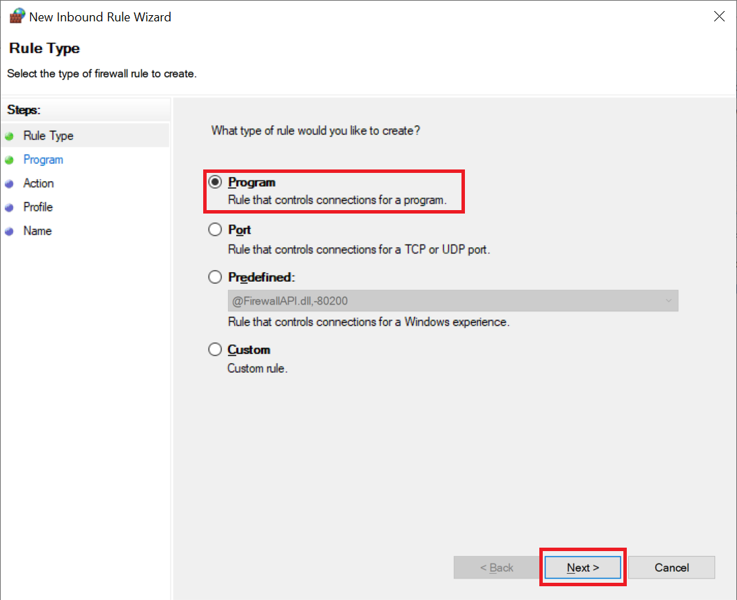 انتخاب Program در پنجره New Inbound Rule Wizard