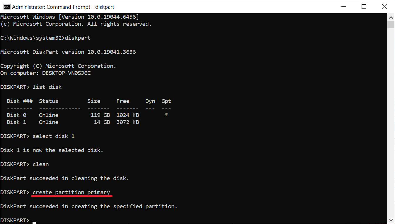 ۸- دستور create partition primary برای ساخت پارتیشن بر روی فلش 8- دستور create partition primary برای ساخت پارتیشن بر روی فلش