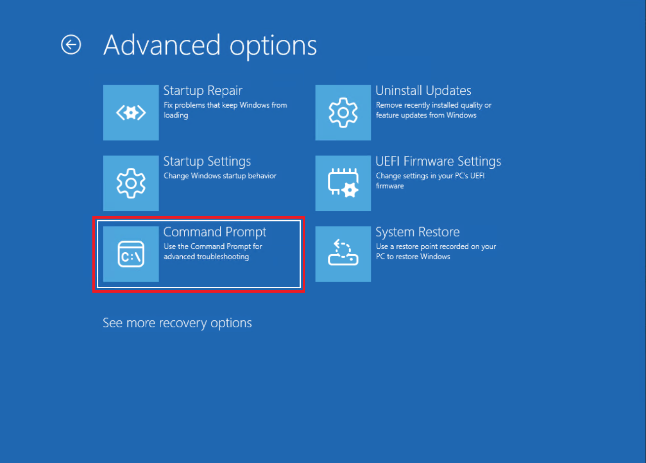 انتخاب Command Prompt در محیط Advanced Options