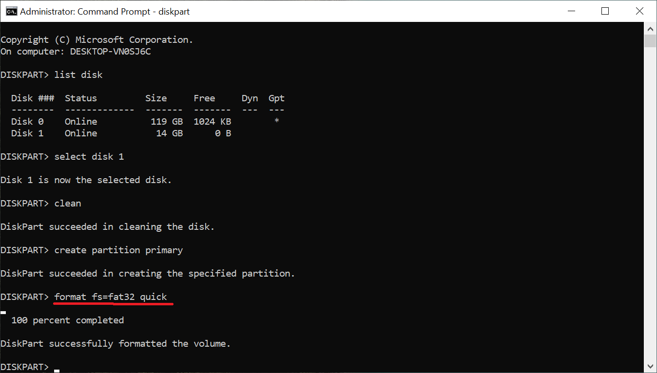 9- فرمت کردن پارتیشن ساخته شده در diskpart