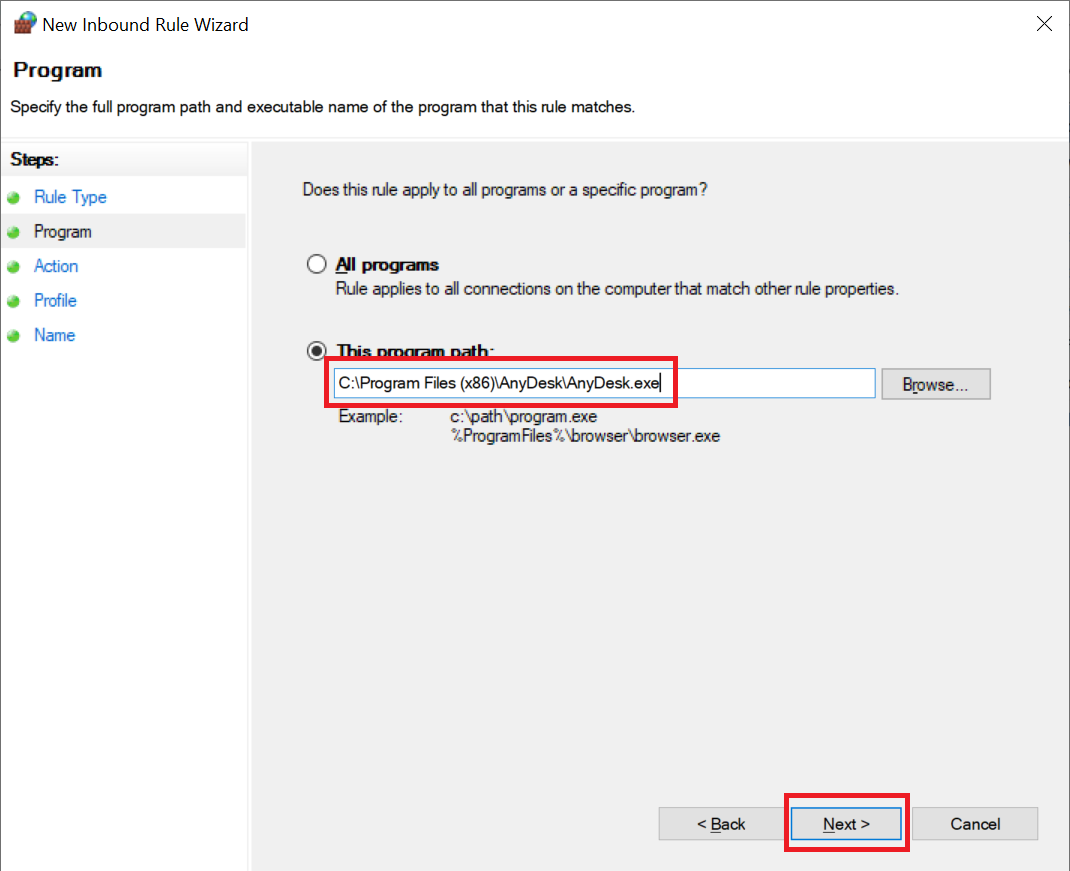 قرار دادن آدرس نرم افزار در پنجره New Inbound Rule Wizard